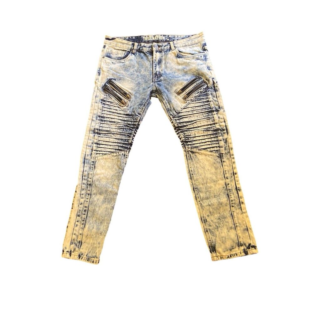 Trillnation Men’s 36 Bleached Moto Jeans Zippered Biker Slim Fit Vintage Y2K